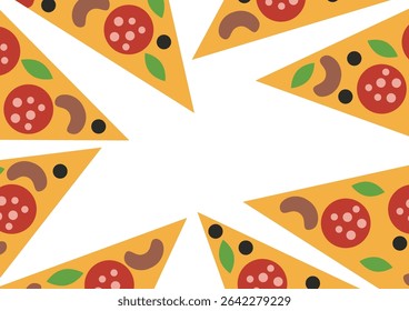 Pizza slices with pepperoni, mushroom and olive toppings scattered around a white background with copy space. Fast food flat lay concept.