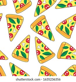 Pizza slices with salami and basile. Seamless pattern with vector illustration