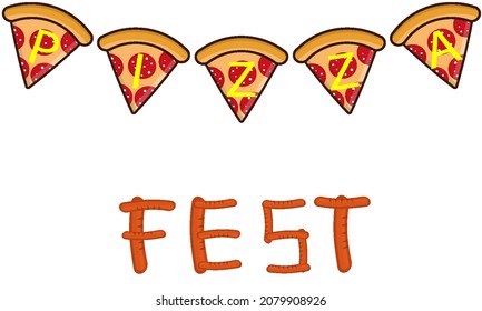 Pizza slices with sausages for the pizza festival, vector art illustration.