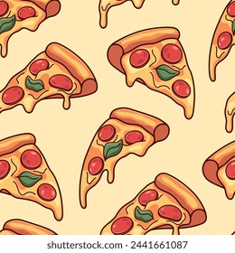 Pizza, pizza slices seamless pattern, background. Cartoon style doodle drawings, vector illustrations.