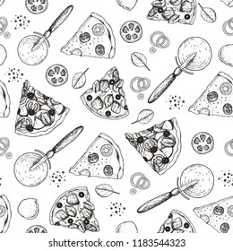 Pizza slices seamless pattern. Hand drawn menu background with pizza and ingredients. Vector sketch illustration. Engraved style. Food background.