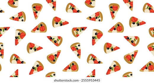 Pizza slices seamless pattern. Italian fast food repeat vector pattern clipart on white background