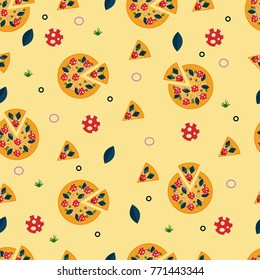 Pizza slices seamless pattern on yellow background.