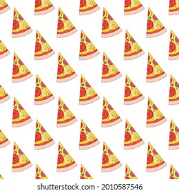 Pizza slices seamless pattern. Vector illustration on white background. Funny, cartoon pizza slices. Pizza fashion pattern print for textile or paper