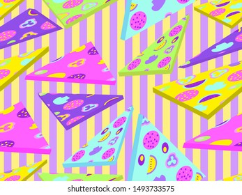 Pizza slices seamless pattern in zine culture style with pop art elements. Isometric flat 3d design. Vector illustration