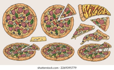 Pizza slices set colorful stickers with appetizing food from pizzeria with pepperoni or salami for Italian restaurant poster vector illustration