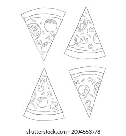Pizza slices set. Hand drawn sketch style different pizza. Best for menu designs, packages. Vector illustrations isolated on white.