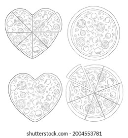 Pizza slices set. Hand drawn sketch style different pizza. Best for menu designs, packages. Vector illustrations isolated on white.