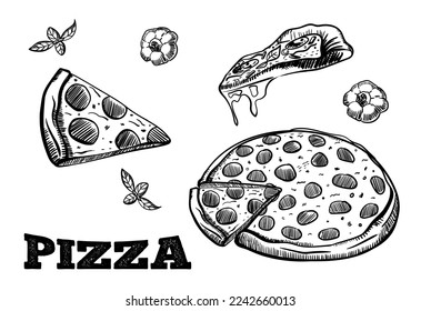 Pizza slices set. Hand drawn sketch style different pizza. Best for menu designs, and packages. Vector illustrations isolated on white.