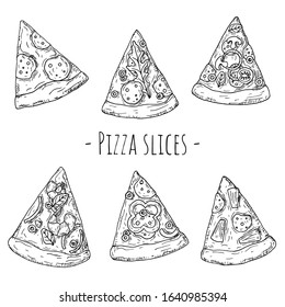 Pizza slices set. Top view. Italian food. Hand-drawn style. Vector cartoon illustrations. Isolated objects on a white background.