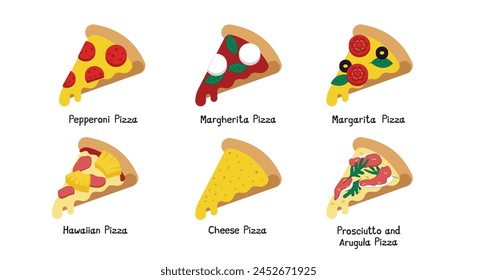 Pizza slices with six different toppings. 