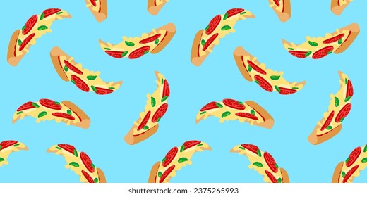 pizza slices with tomatoes  basil melting cheese on blue background seamless pattern vector illustration