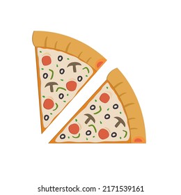 Pizza slices topped with melted cheese, sausage, mushrooms, olives and green peppers