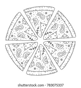 Pizza slices. Vector illustration doodle black and white isolated