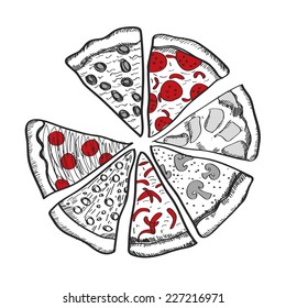 Pizza slices. Vector illustration. Useful for restaurant identity, menu and interior decoration.