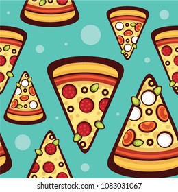 Pizza slices vector seamless pattern. Design for wrapping paper, packaging, textile and menu decoration. Pizza margarita and pepperoni.