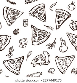 Pizza slices vector seamless pattern. Doodle outline illustration for package, textile or pizzeria menu design.