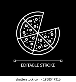 Pizza with slices white linear icon for dark theme. Fast food delivery. Restaurant take out. Thin line customizable illustration. Isolated vector contour symbol for night mode. Editable stroke