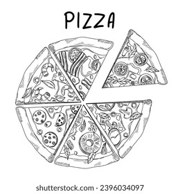 Pizza rebanada, pizza entera. Pizza con diferentes ingredientes. Ilustración vectorial.	