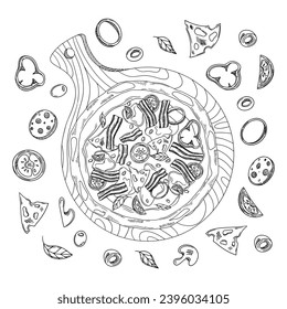 Pizza slices, whole pizza. Pizza with different toppings. Vector illustration.	