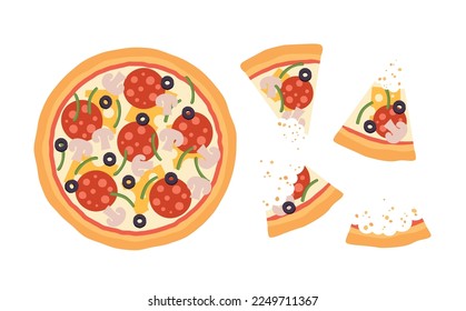 Pizza slicing top view with salami cheese and mushroom. Bite pizza slice, isolates italian food icons. Cute eating in pizzeria racy vector cartoon concept