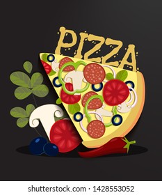 Pizza slisces with ingredients. Top view. Vector