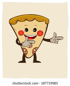 pizza smiling character pointing sign