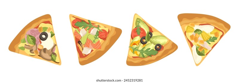 Pizza snack slices with different ingredient, pizzeria restaurant menu with junk food assortment