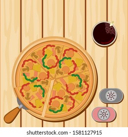Pizza, Snacks at work Top view Vector Flat Design on wooden texture background.