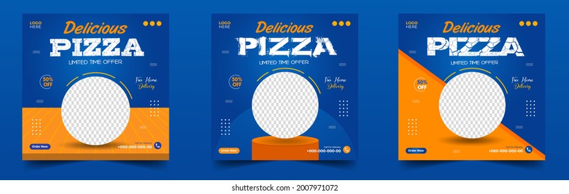 plantilla de publicación de banner de pizzas en medios sociales. banner de pizza social, diseño de banner de pizza, planilla de medios sociales de comida rápida para restaurante. pizzas en medios sociales posteo diseño de pancartas de color azul y naranja.