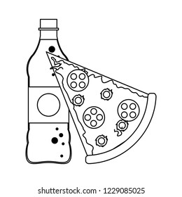 Pizza and soda bottle black and white