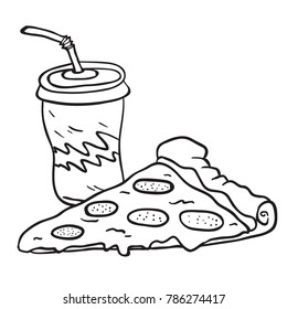 pizza and soda cartoon illustration isolated on white