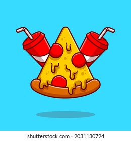 Pizza And Soda Cartoon Vector Icon Illustration. Food And Drink Icon Concept Isolated Premium Vector. Flat Cartoon Style