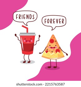 pizza and soda kawaii cartoon . vector illustration