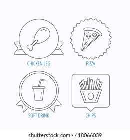 Pizza, pizza and soft drink icons. Chicken leg linear sign. Award medal, star label and speech bubble designs. Vector