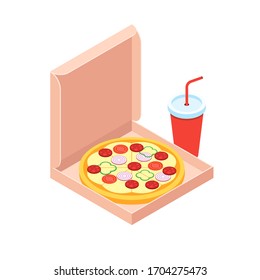 Diseño plano isométrico de pizzas y refrescos, ilustración vectorial