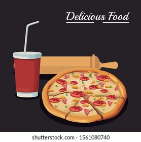 pizza with soft drink and rolling pin utensil over black background, colorful design , vector illustration