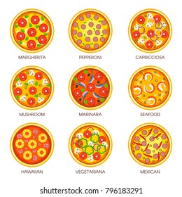 Pizza sorts vector icons templates for Italian pizzeria cuisine or fast food menu