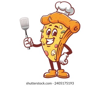 Pizza with spatula and wearing a chef's hat cartoon mascot illustration character vector clip art