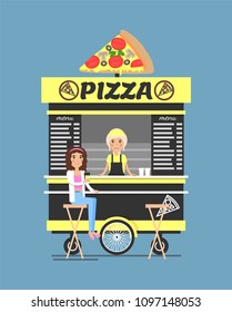 Pizza stand with people, mobile shop seller, woman as customer holding cup, slices of snack, vector illustration isolated on blue background