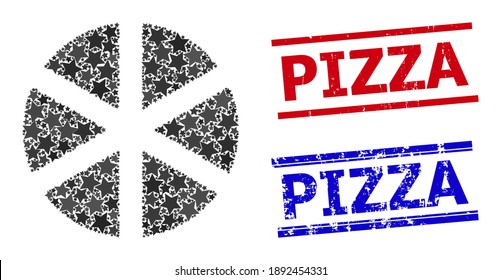 Pizza star pattern and grunge Pizza seal stamps. Red and blue stamps with rubber texture and Pizza phrase. Abstract pizza mosaic is composed with random flat star items.