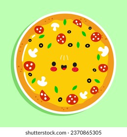 Pizza sticker character. Vector hand drawn cartoon kawaii character illustration icon. Isolated on green background. Pizza character concept