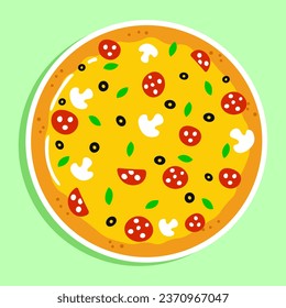Pizza sticker character. Vector hand drawn cartoon kawaii character illustration icon. Isolated on green background. Pizza character concept
