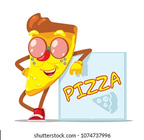 Pizza sticker. Fast food character. Cartoon colorful design. Cute pizza character. Logo comic style. Vector illustration isolated on white background. 