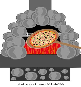 Pizza with stone furnace isolated on white backgroun. Food and cookingg.. Vector illustration.