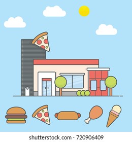 Pizza store building with flat design and fast food