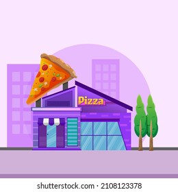 Pizza Store Concept Storefront Flat Design E-Commerce. Shop Or Market Store Front Vector Flat Illustration On City Space Background.