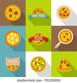 Pizza store icons set. Flat set of 9 pizza store vector icons for web with long shadow