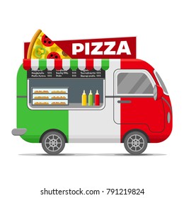 Pizza street food caravan trailer. Colorful vector illustration, cartoon style, isolated on white background