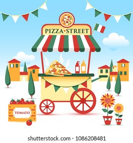 Pizza street food cart. Colorful vector illustration, cartoon style, on italian landscape.